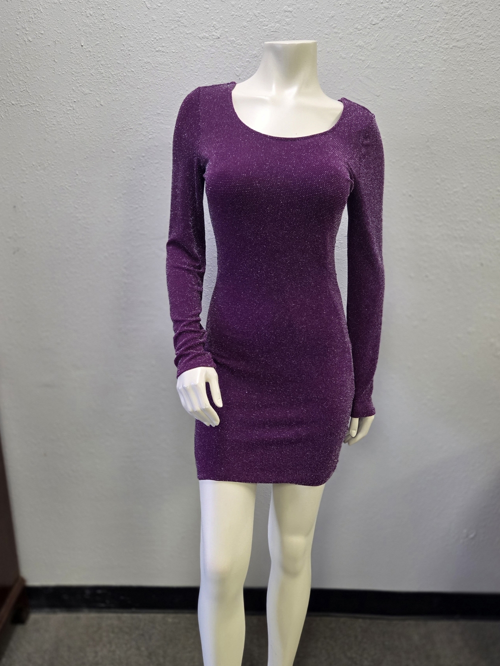 Guess Glitter Scoop-Neck Long-Sleeve Mini Dress in Purple